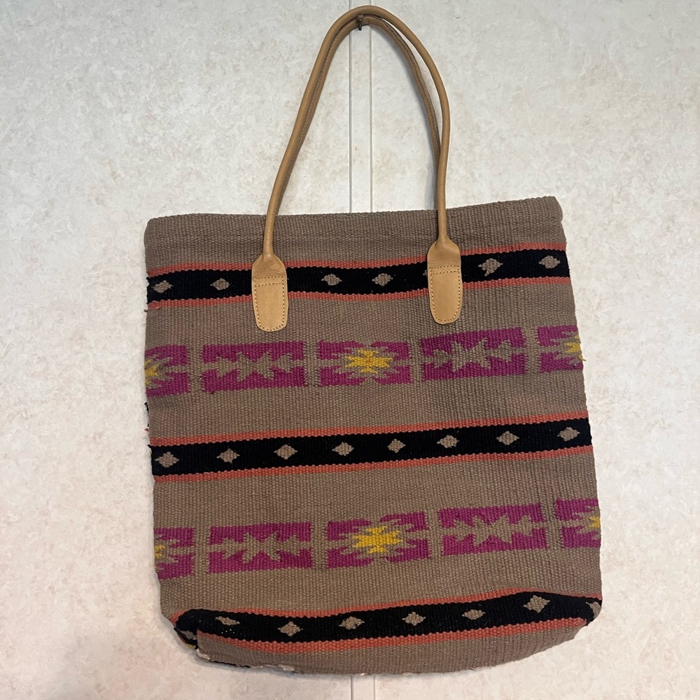 Ecote Taupe Handwoven Tote with Pink and Yellow Pattern